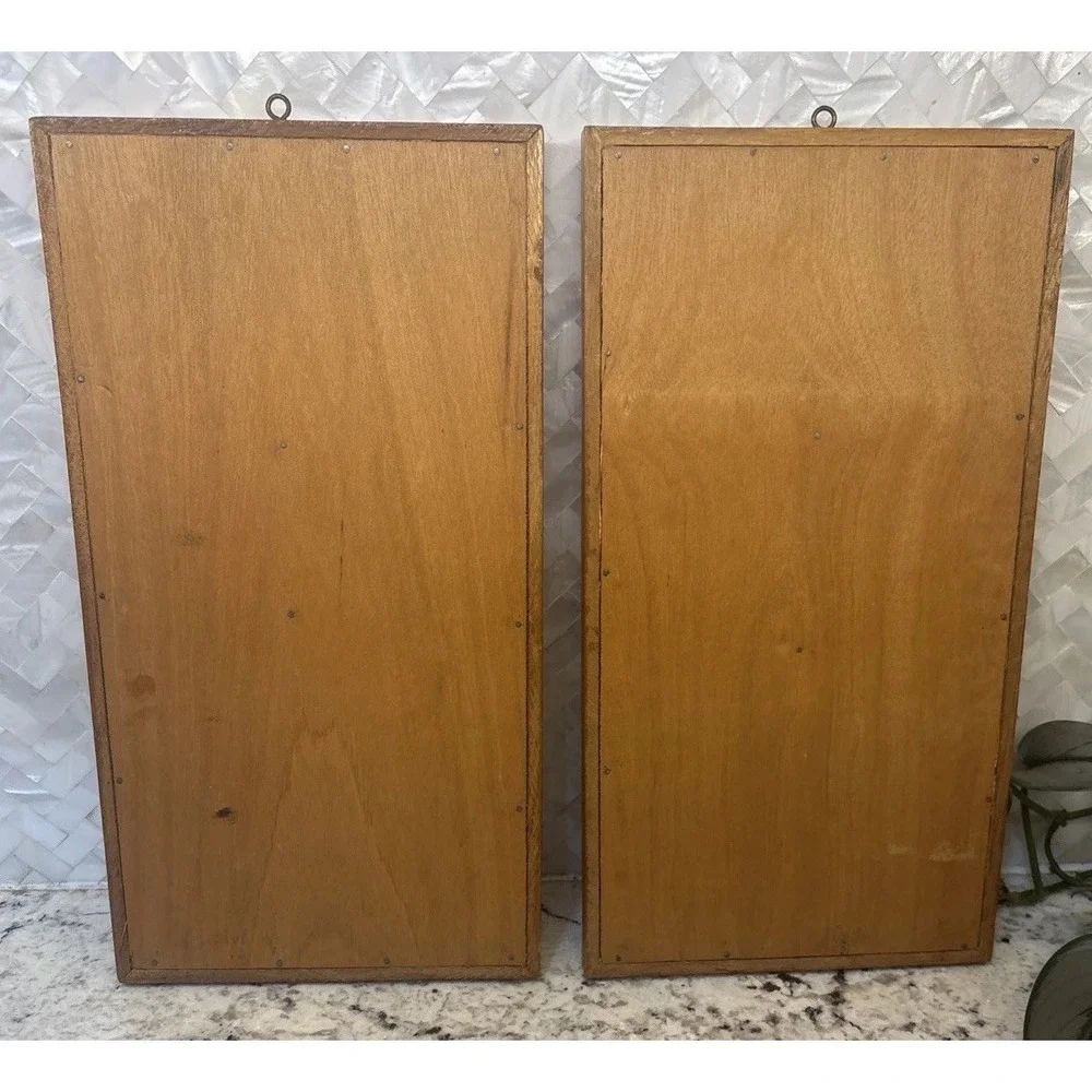 2 Vintage 1960s Mid Century Carved Teak Woman‎ and Man Wall Plaques 15x8in wood
